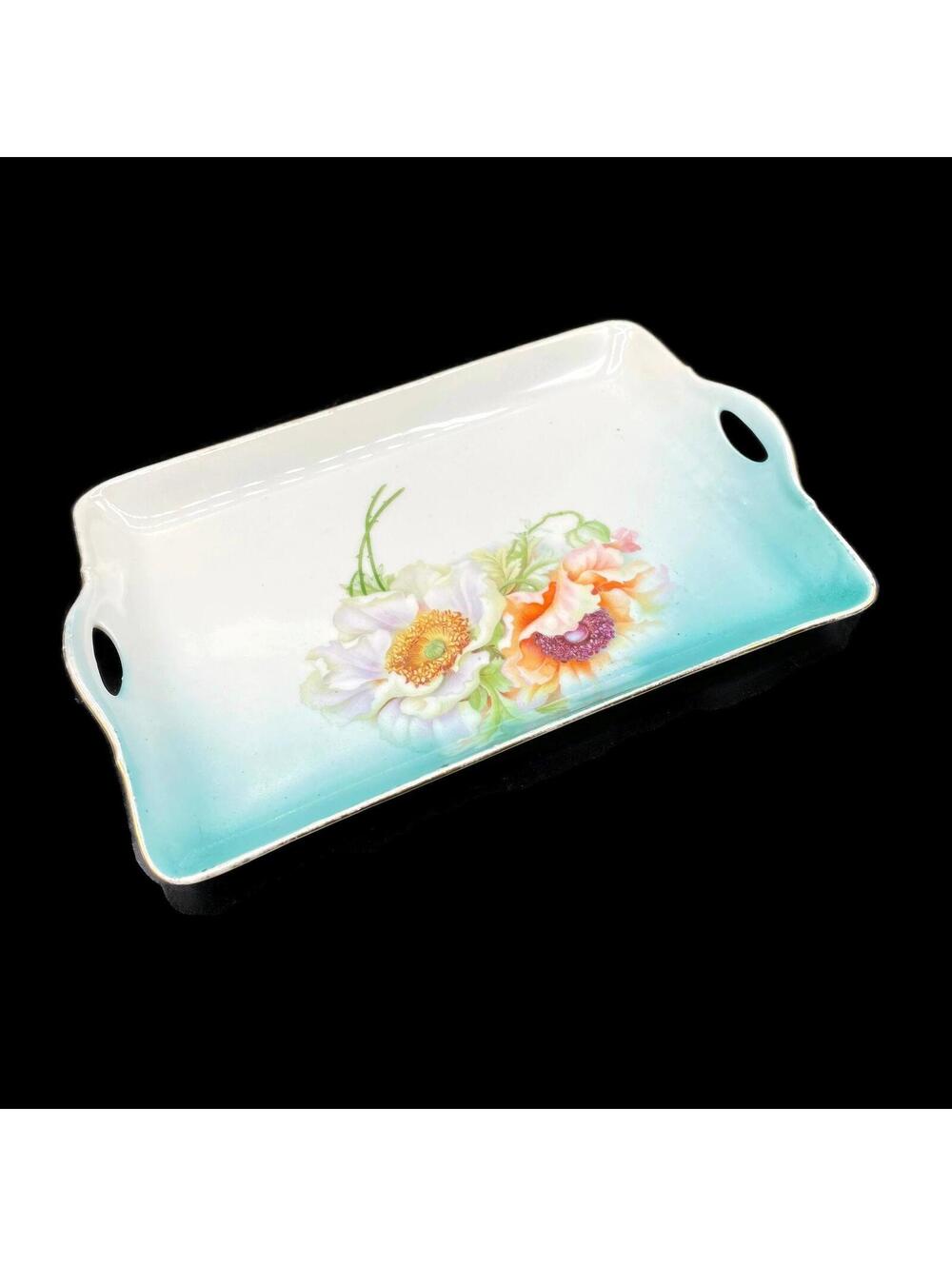 Vintage PM Bavaria Porcelain Tray: Hand-Painted Poppies, Gold Rim